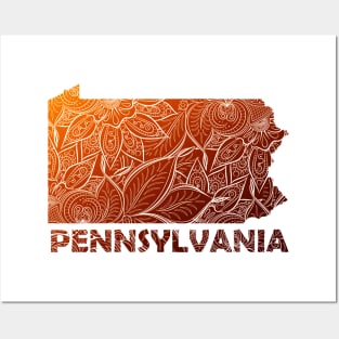 Colorful mandala art map of Pennsylvania with text in brown and orange Posters and Art